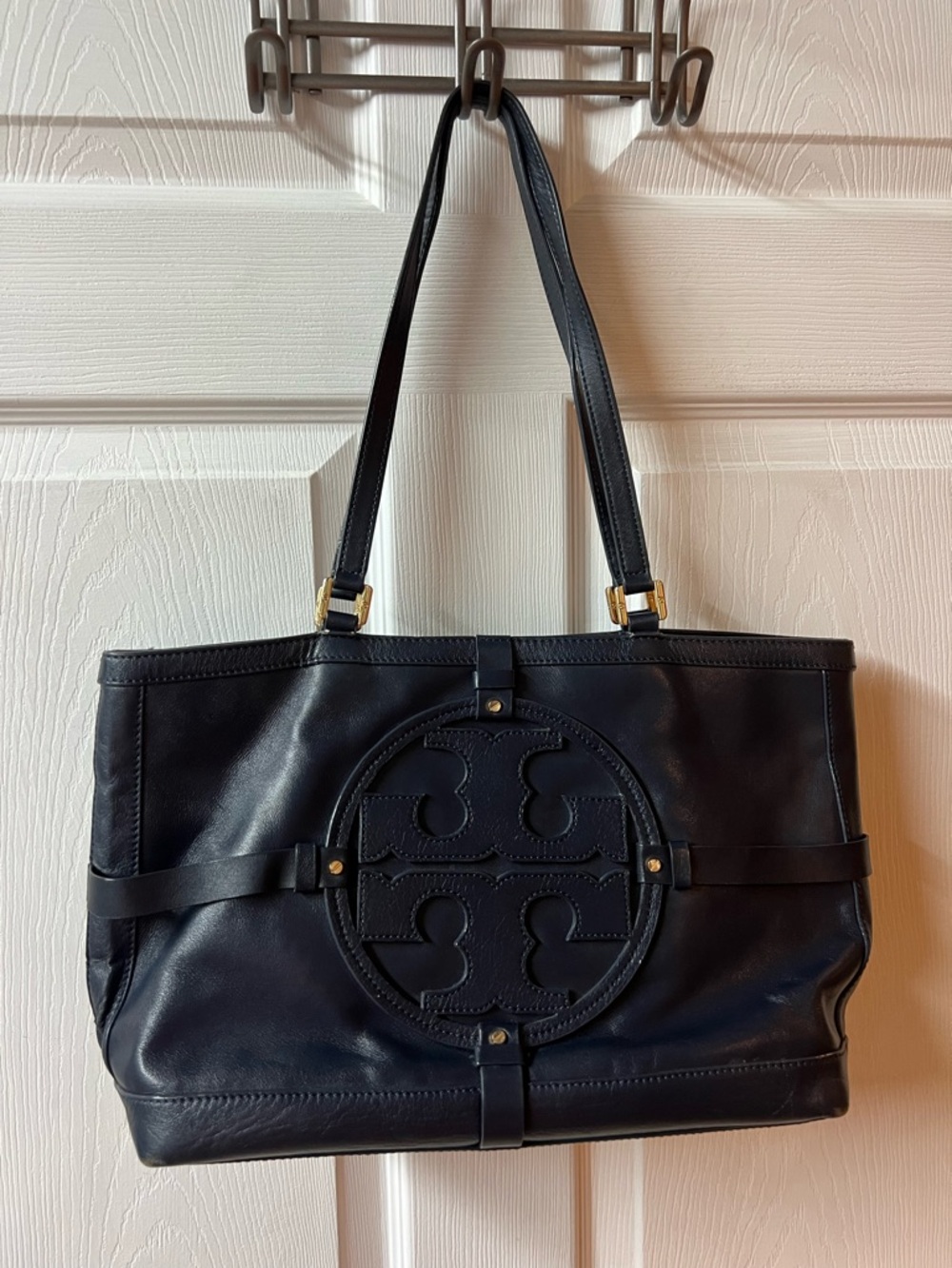 Tory Burch Navy Leather Logo Shoulder Tote